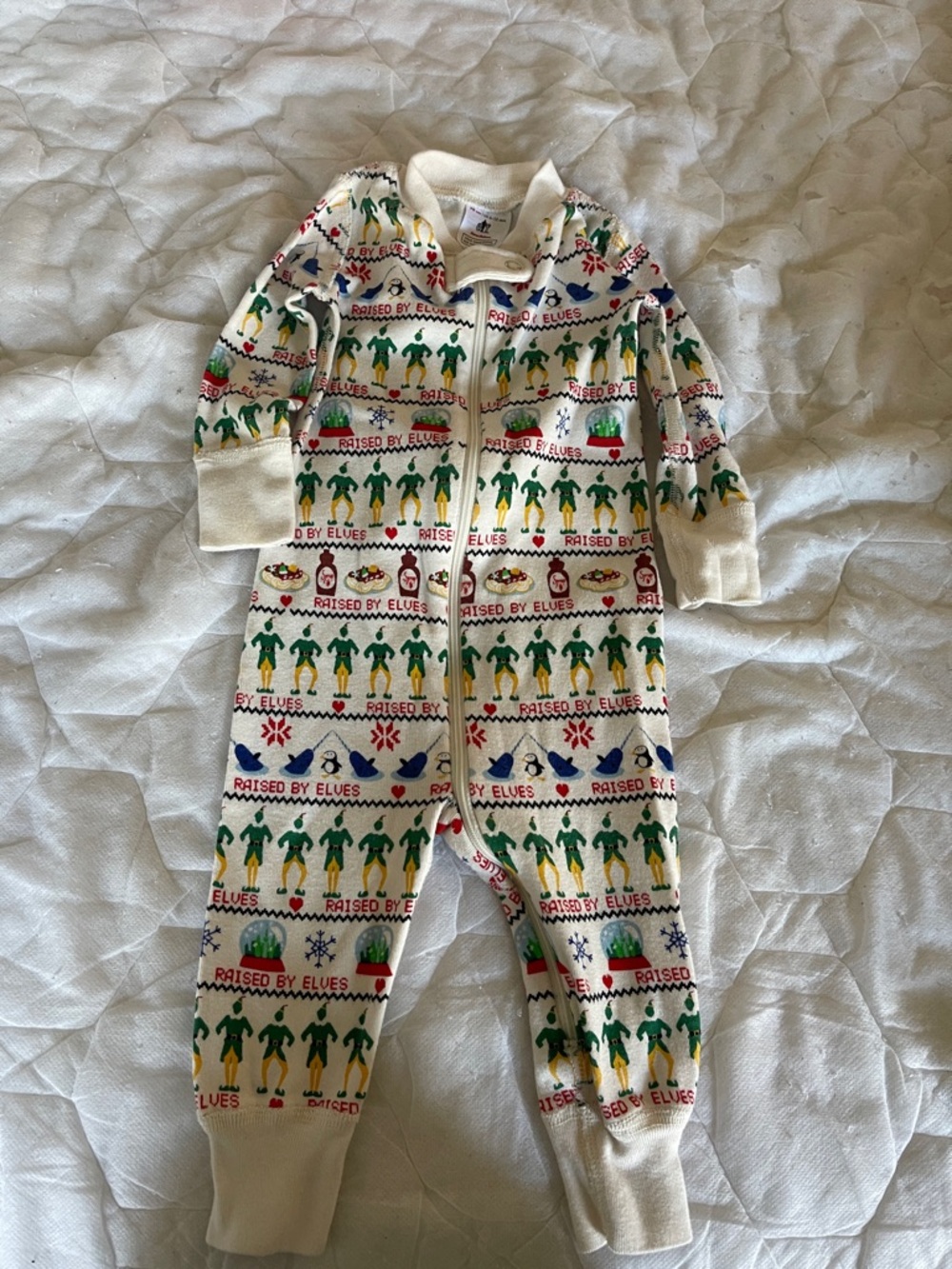 Hanna Andersson Cream Holiday Zip One-Piece with Green & Red Elf Print